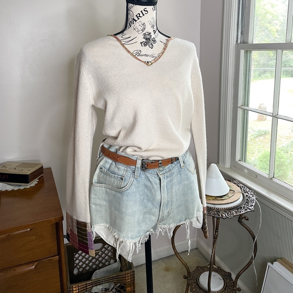J.Jill Lambswool Patchwork Bell Sleeve Sweater Cream Size Small